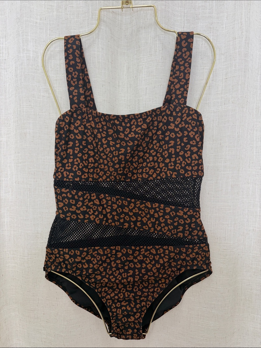 Carmen Marc Valvo One-Piece Swimsuit in Brown Leopard Print W/Black Mesh Size 12